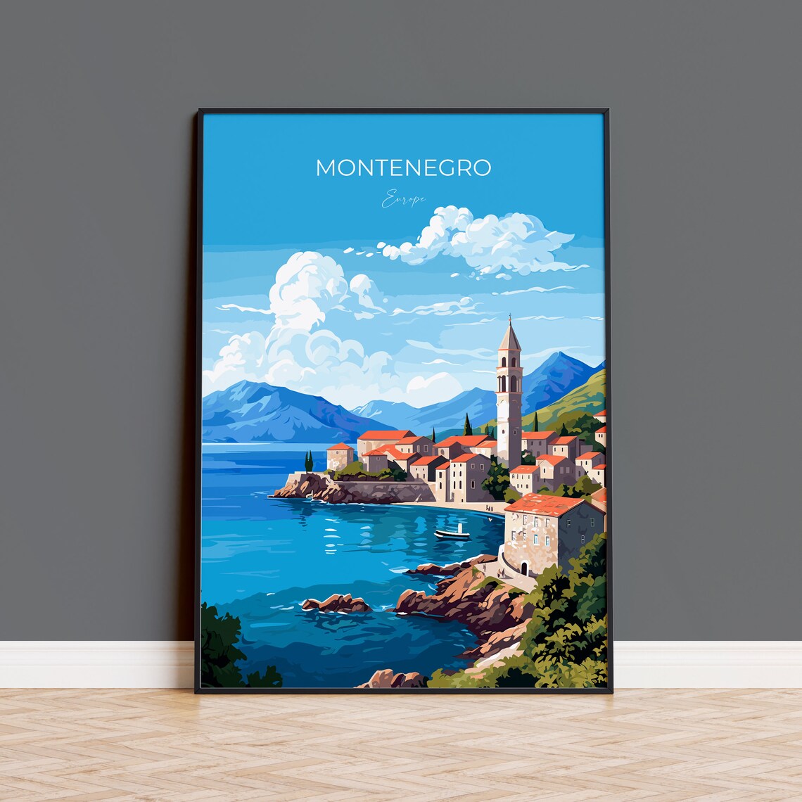 Montenegro Europe Seaside Village Red Roofs Harbor Travel Poster Decor