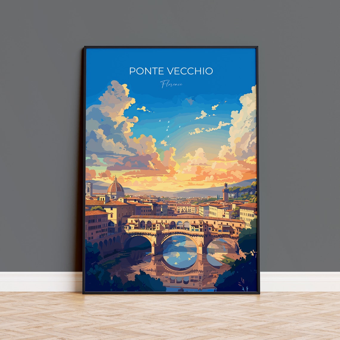 Ponte Vecchio Florence Arno River Golden Sunset View Travel Poster