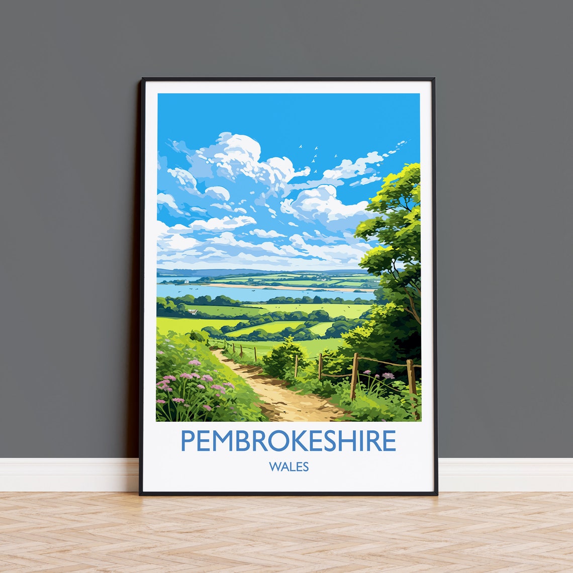 Pembrokeshire Wales Country Path Green Hills Estuary Travel Poster