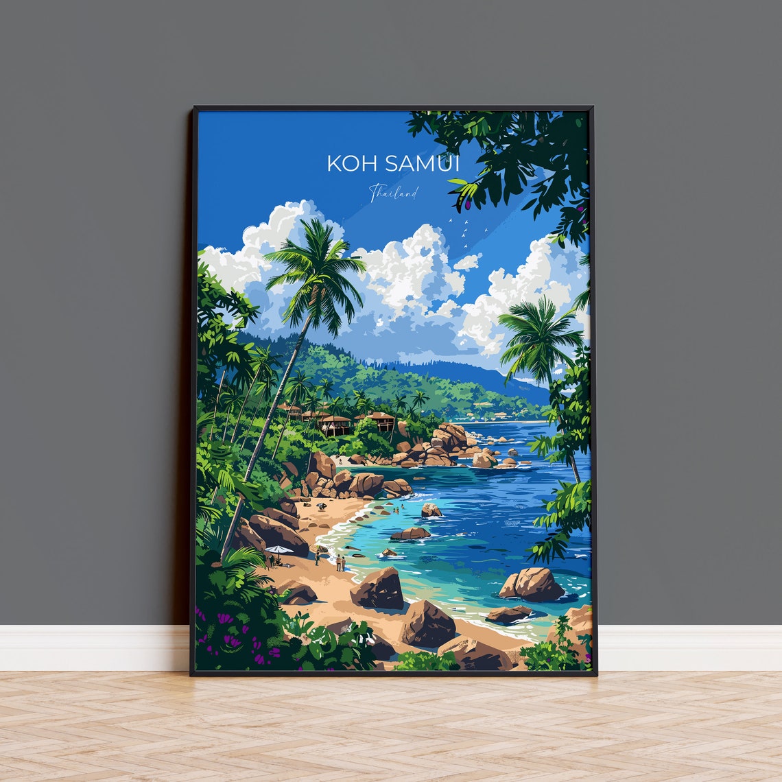 Koh Samui Thailand Palm Beach Rocky Shore Blue Sea Travel Poster