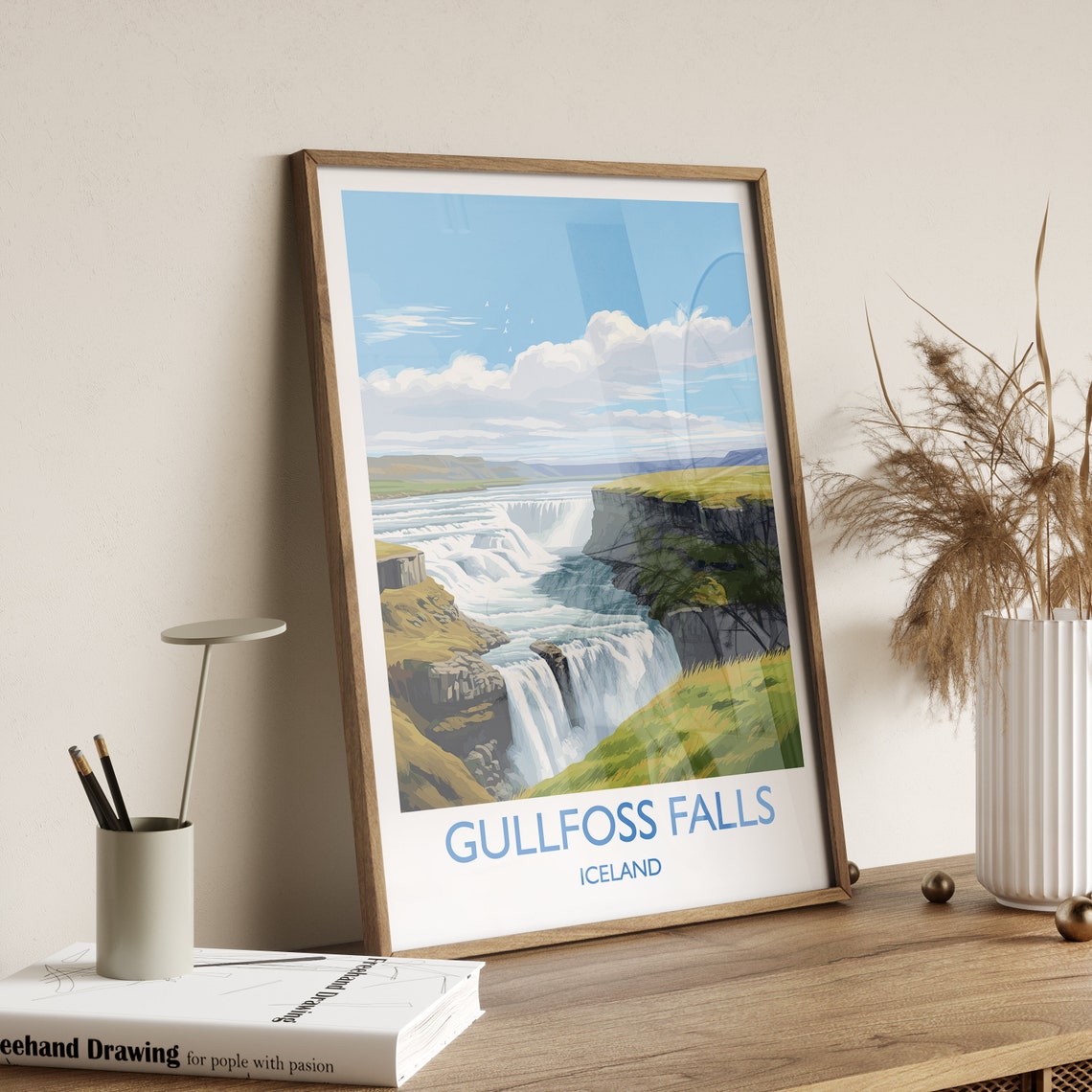 Gullfoss Falls Iceland Powerful Waterfall Landscape View Poster - Image 3