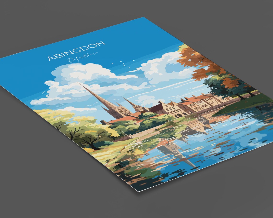 Abingdon Oxfordshire Spire Reflection Autumn Riverside Travel Poster - Image 2