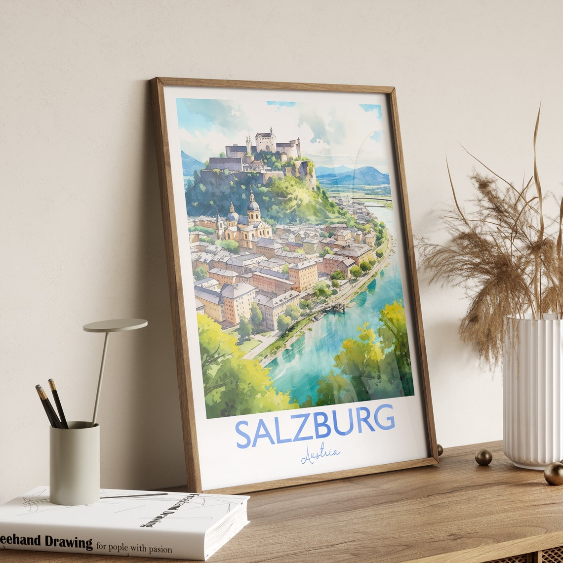 Salzburg Austria Fortress Old Town River Watercolor Travel Poster - Image 4
