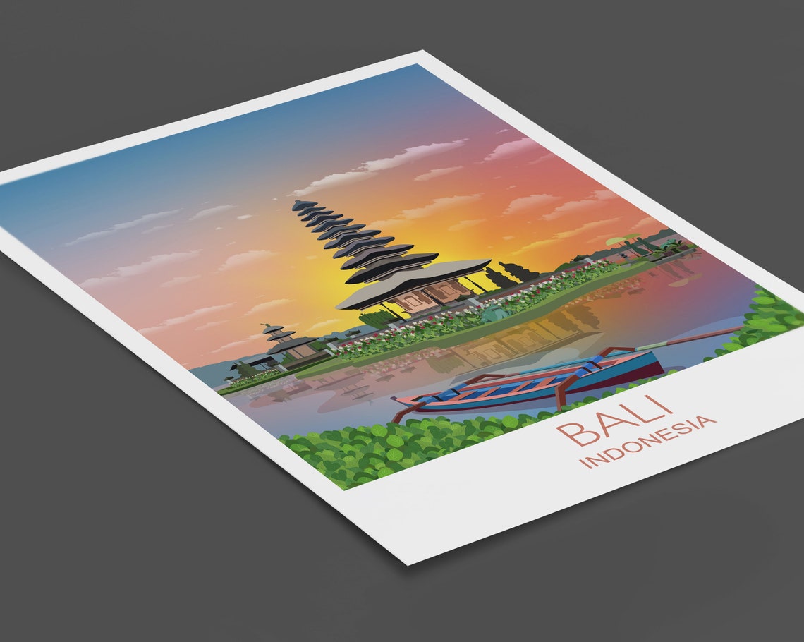 Bali Indonesia Lake Temple Sunset Canoe Reflection Scene Poster - Image 2