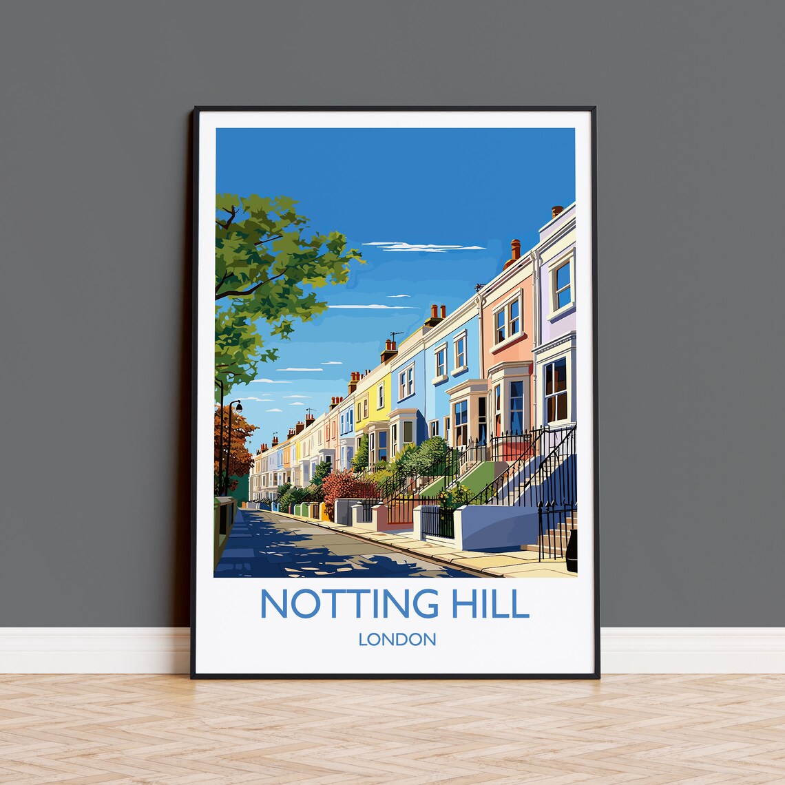 Notting Hill London Pastel Street Houses Scene Travel Poster