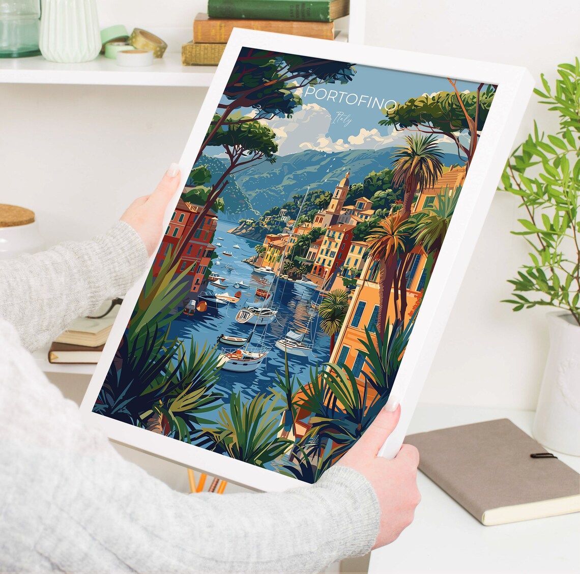 Portofino Italy Harbor Boats Palms Colorful Waterfront Travel Poster - Image 3