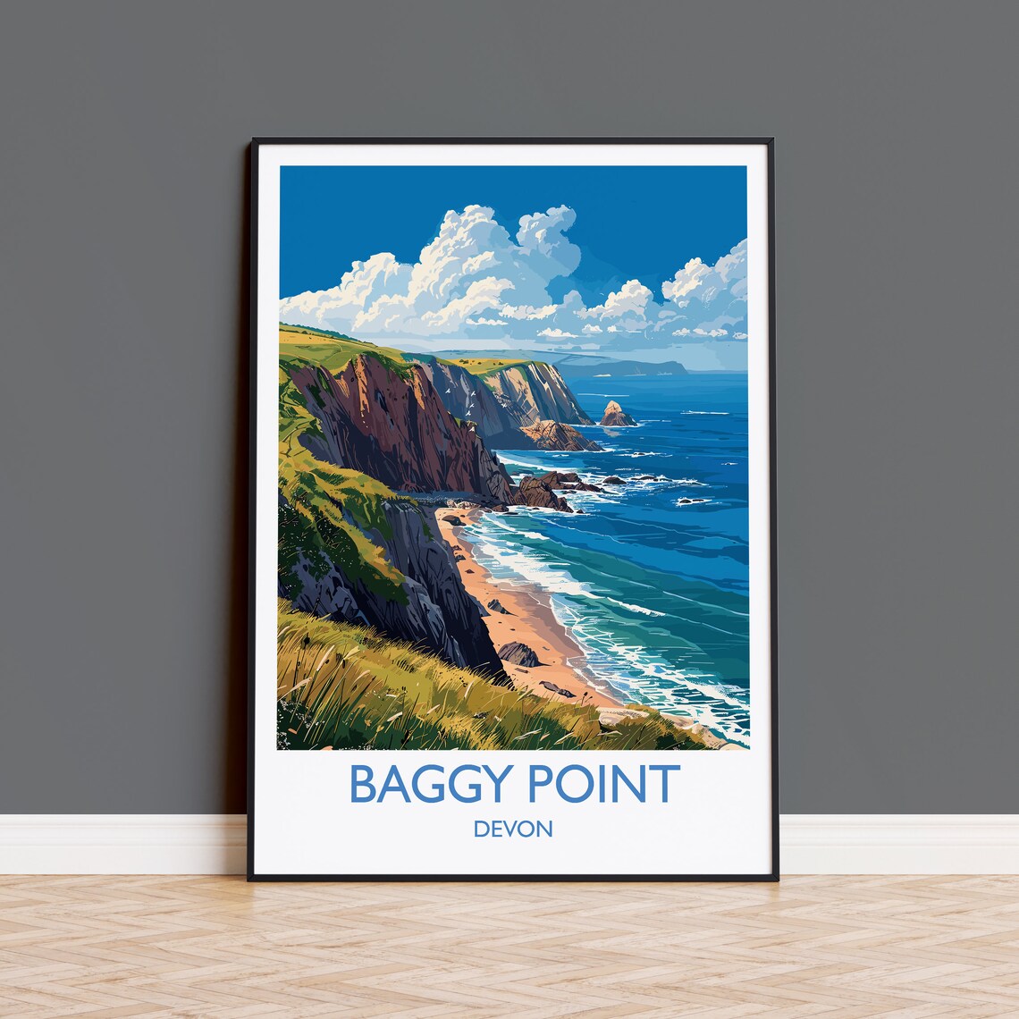 Baggy Point Travel Poster, Devon England Travel Art