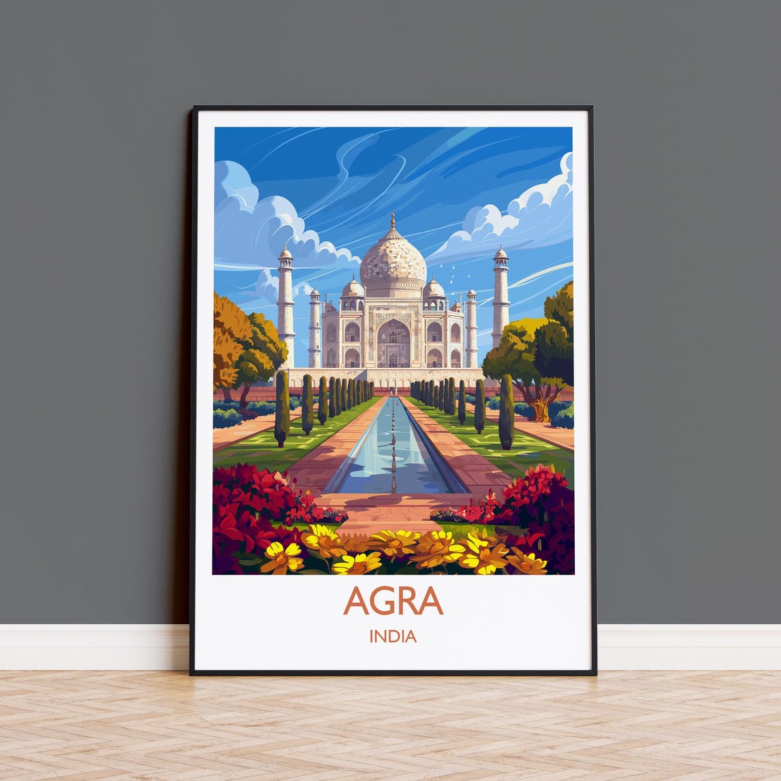 Agra Taj Mahal Long Reflecting Pool Gardens Floral Foreground Poster