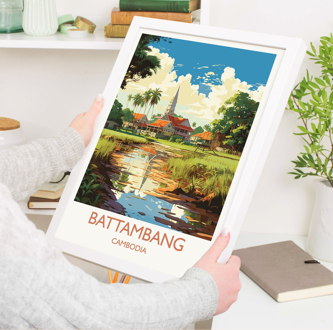Battambang Cambodia Pagoda Rice Fields Canal Reflection Poster - Image 5