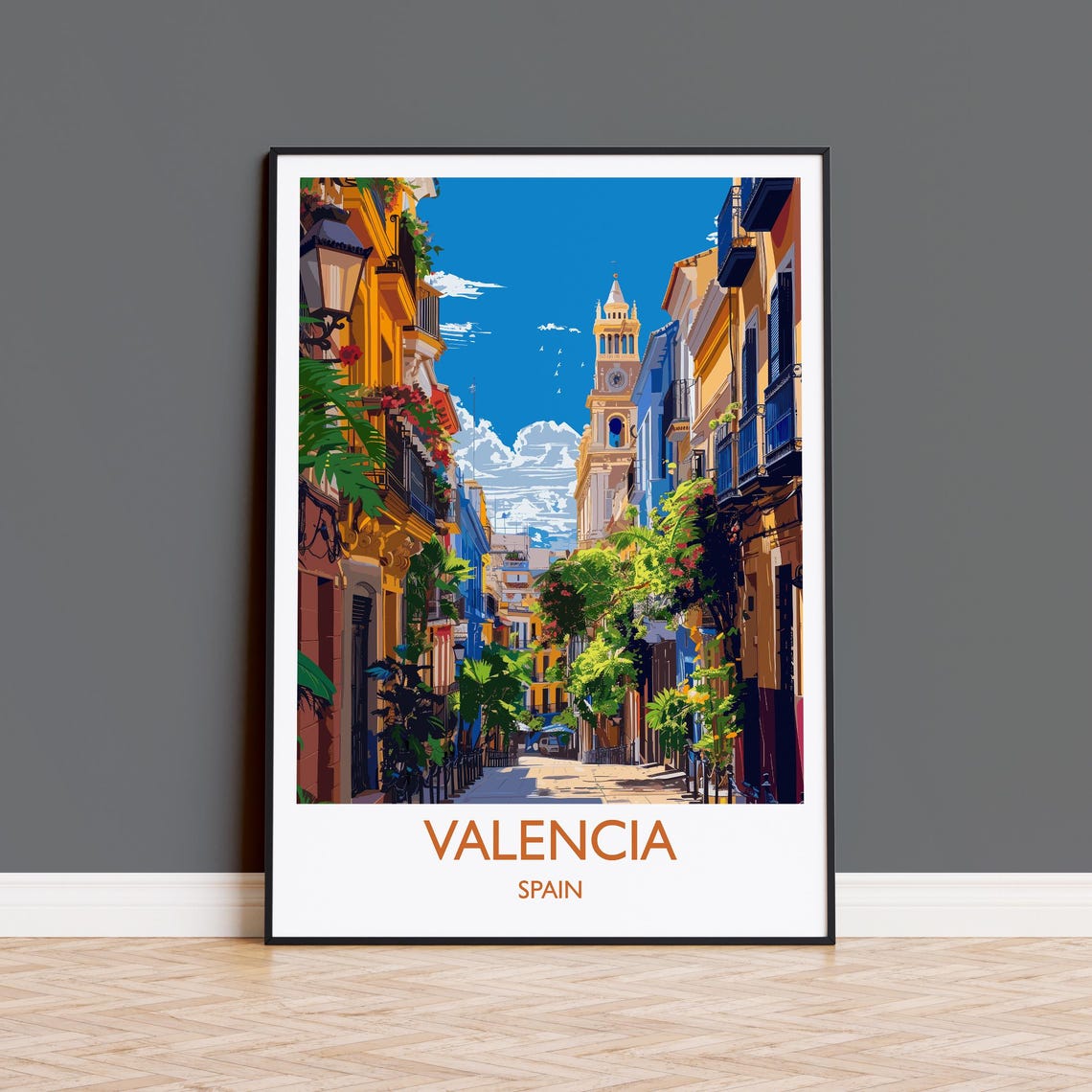 Valencia Spain Colorful Old Town Street White Border Text Poster