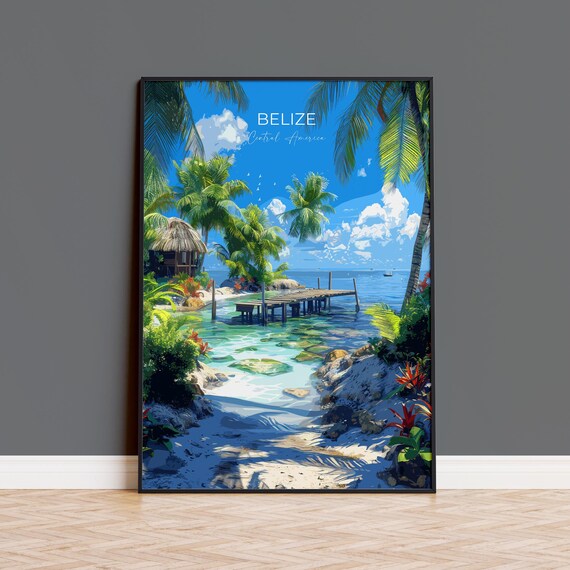 Belize Beach Cove Thatched Hut Wooden Jetty Turquoise Sea Travel Poster