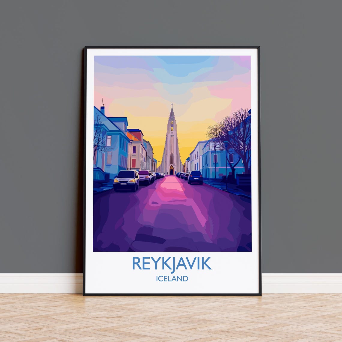 Reykjavik Hallgrimskirkja Sunset Street Poster With White Border