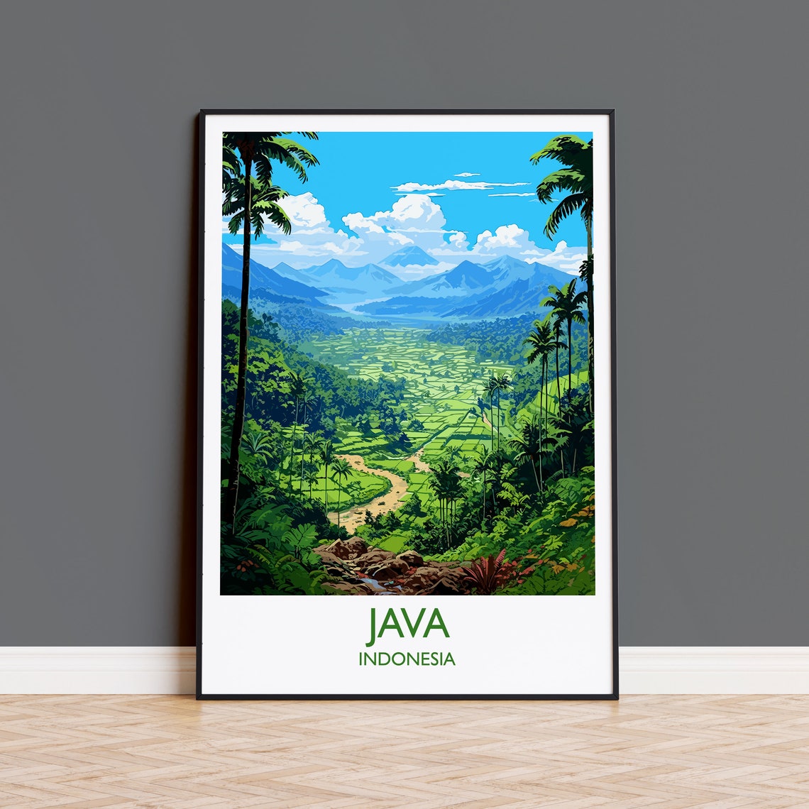 Java Indonesia Rice Terrace Jungle Volcano Mountain Art Poster