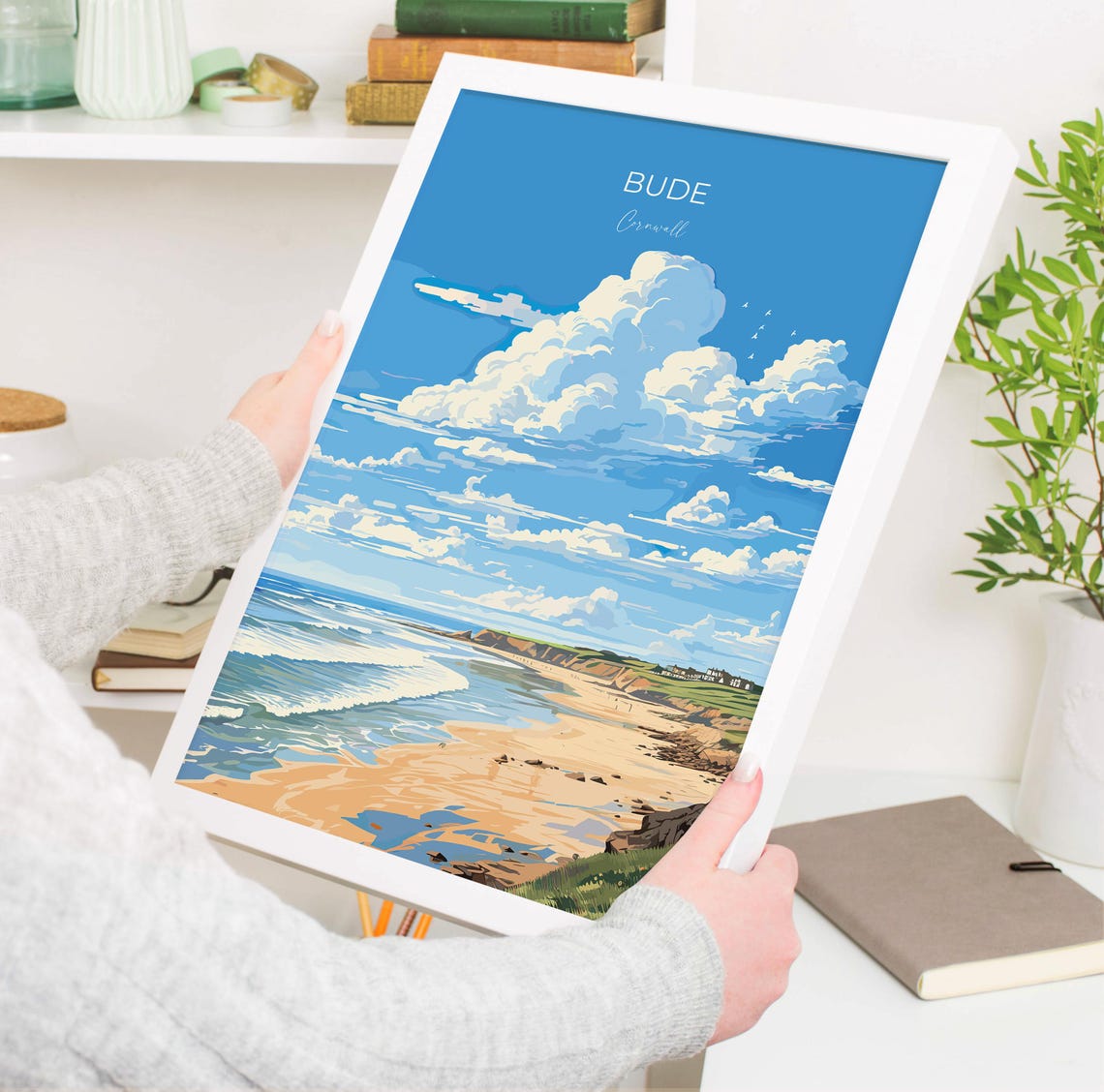 Bude Cornwall Sandy Beach Ocean Waves Rocky Cliffs Travel Poster - Image 3