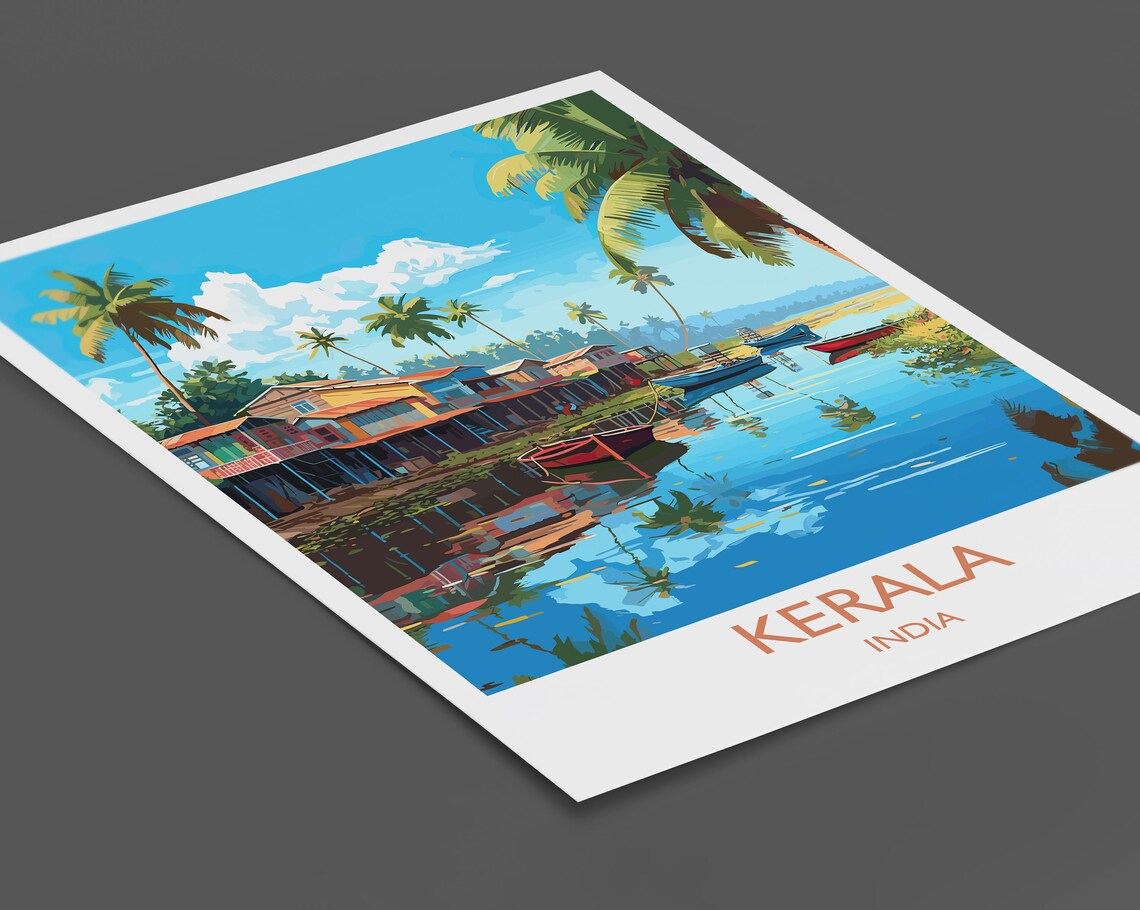 Kerala India Backwater Boats Palms Stilt Houses Tropical Travel Poster - Image 2