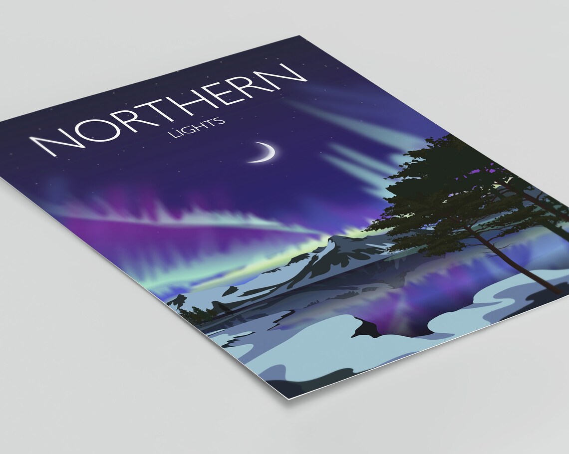 Northern Lights Aurora Night Sky Mountains Moonlight Art Poster - Image 2