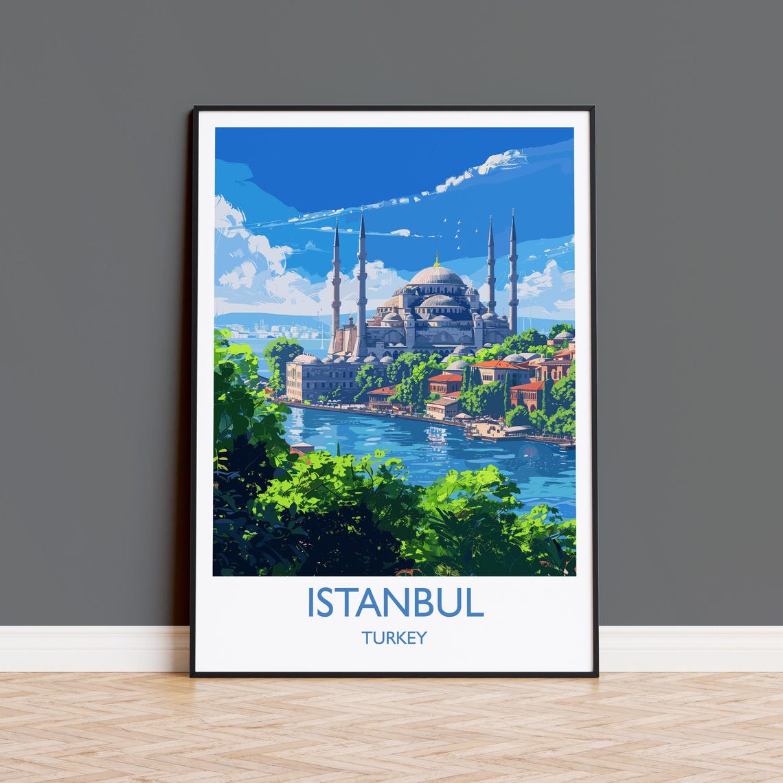 Istanbul Turkey Iconic Mosque Skyline in a Bright Blue Travel Poster
