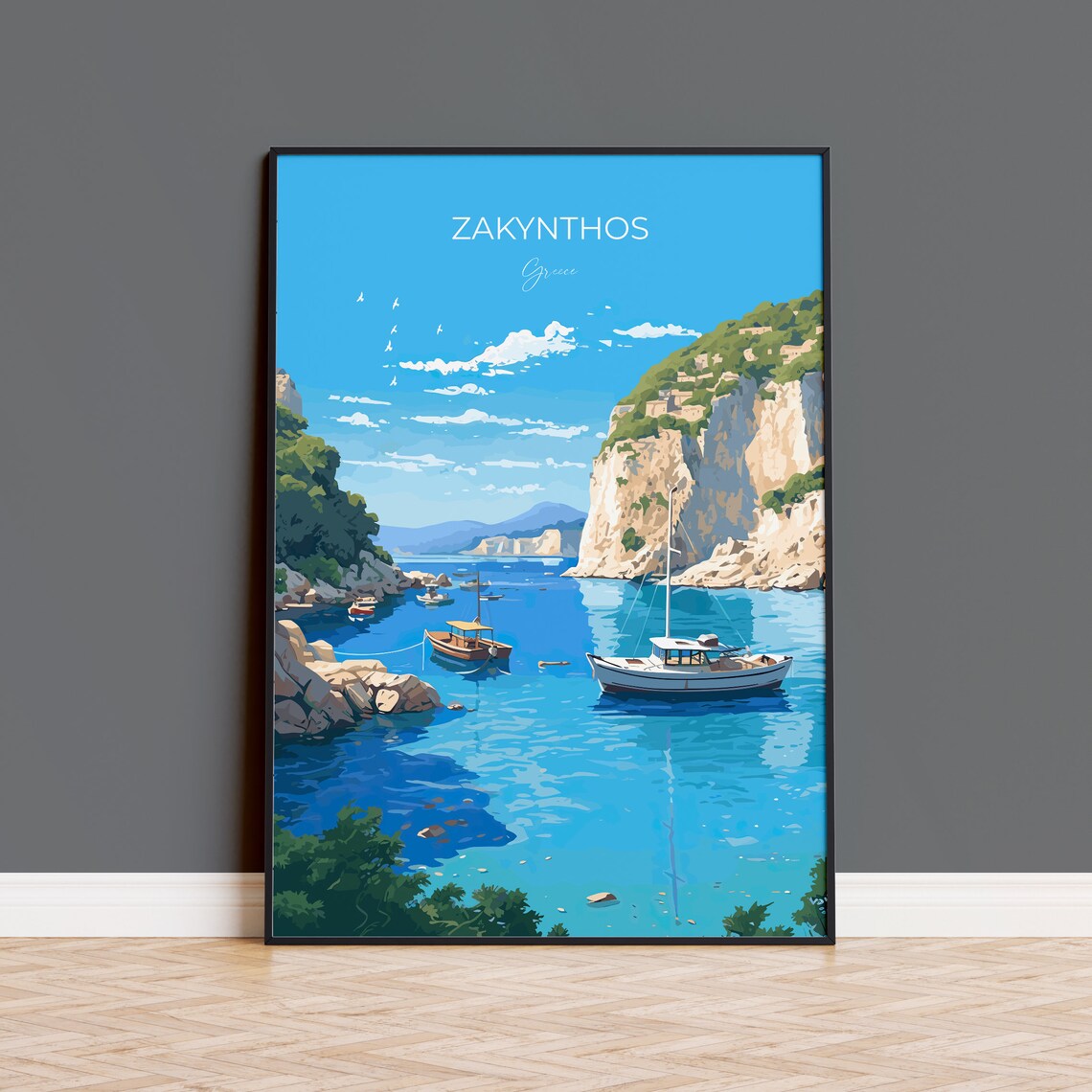 Zakynthos Greece Turquoise Harbor Boats Cliff View Travel Poster