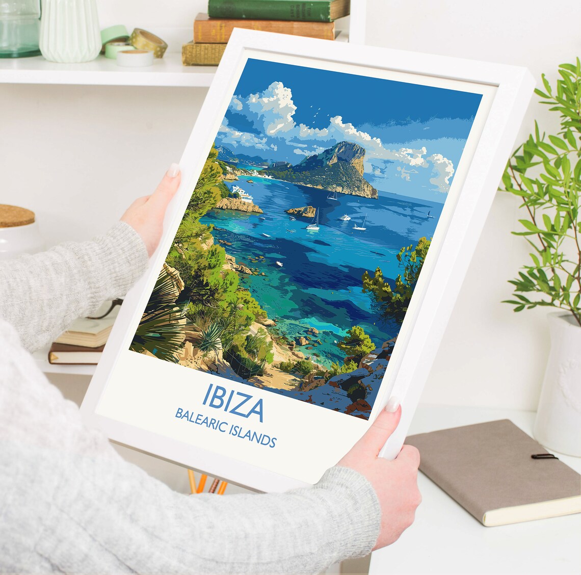 Ibiza Balearic Islands Rocky Island Cove Sailboats Travel Poster - Image 3