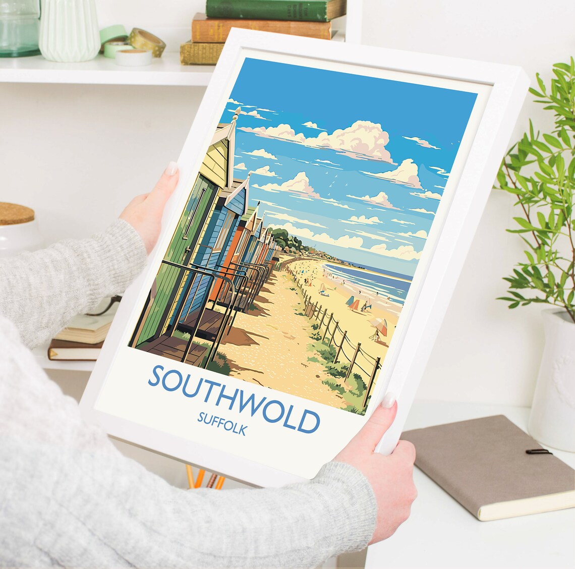 Southwold Suffolk Beach Huts White Border Coast Travel Poster - Image 3