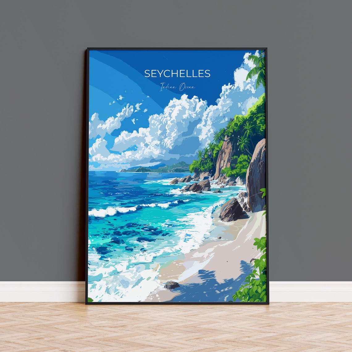 Seychelles Indian Ocean Beach Script Title Travel Poster Art