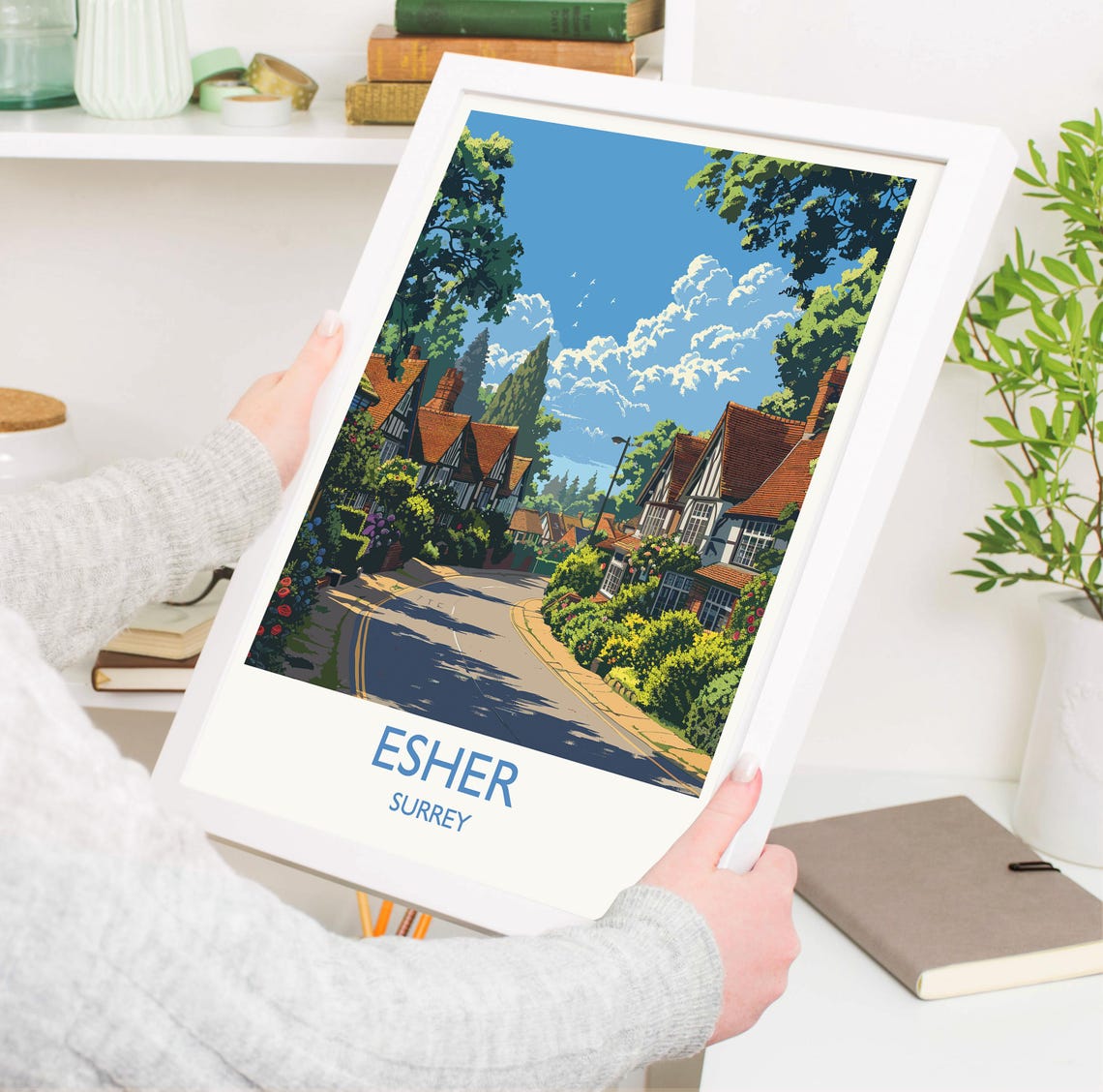Esher Surrey Tudor Cottages Winding Street Retro Travel Poster - Image 3