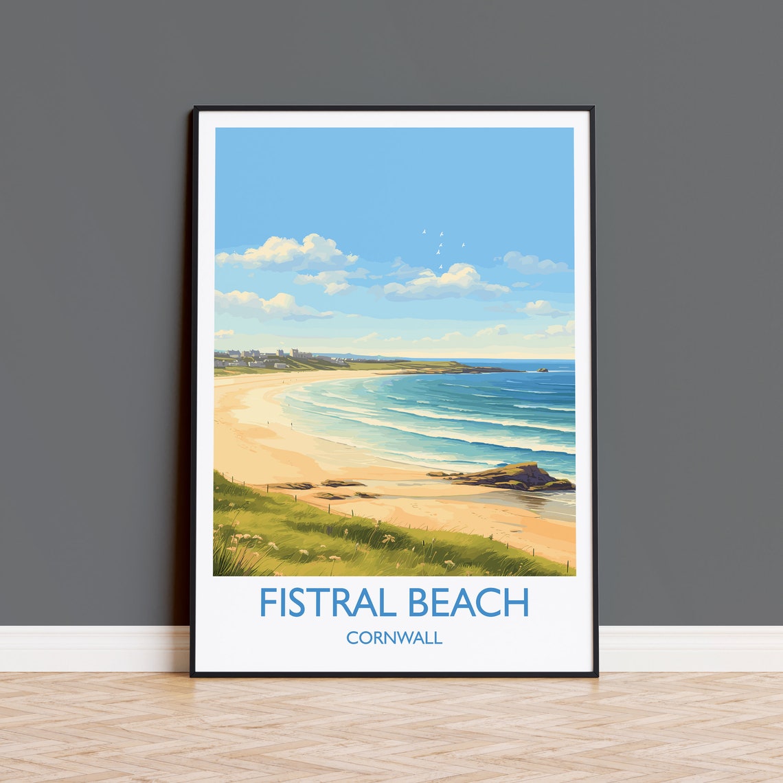 Fistral Beach Cornwall Rolling Surf Waves And Dunes Travel Poster