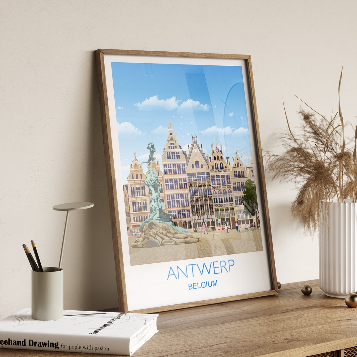 Antwerp Belgium Grote Markt Brabo Statue Guild Houses Travel Poster - Image 2