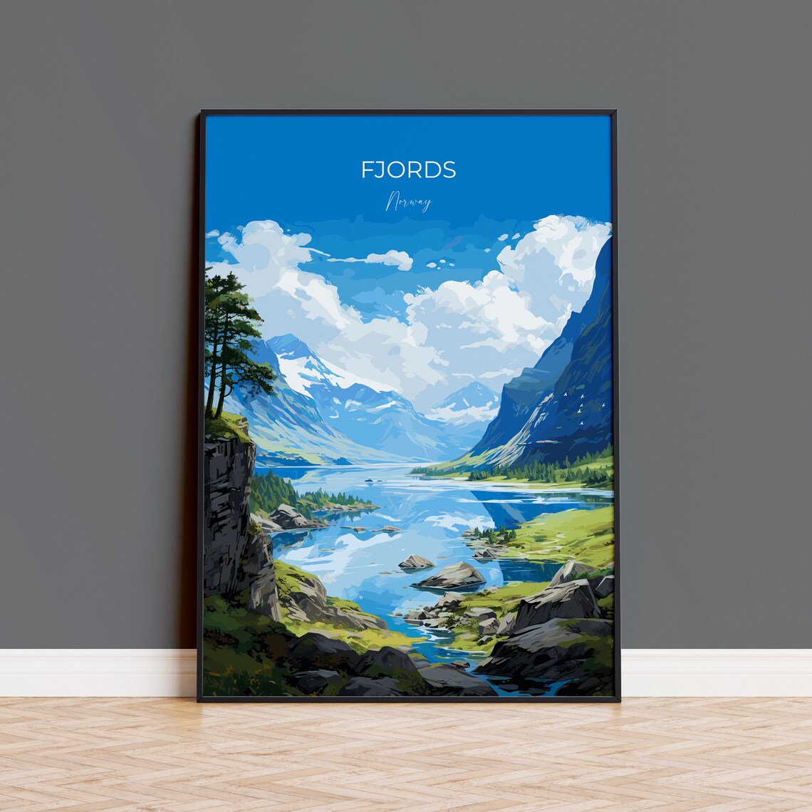 Fjords Norway Rocky Cliff Pine Lake Vintage Style Travel Poster