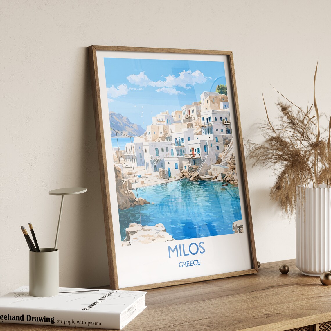 Milos Greece Whitewashed Seaside Village Blue Bay Travel Poster - Image 3