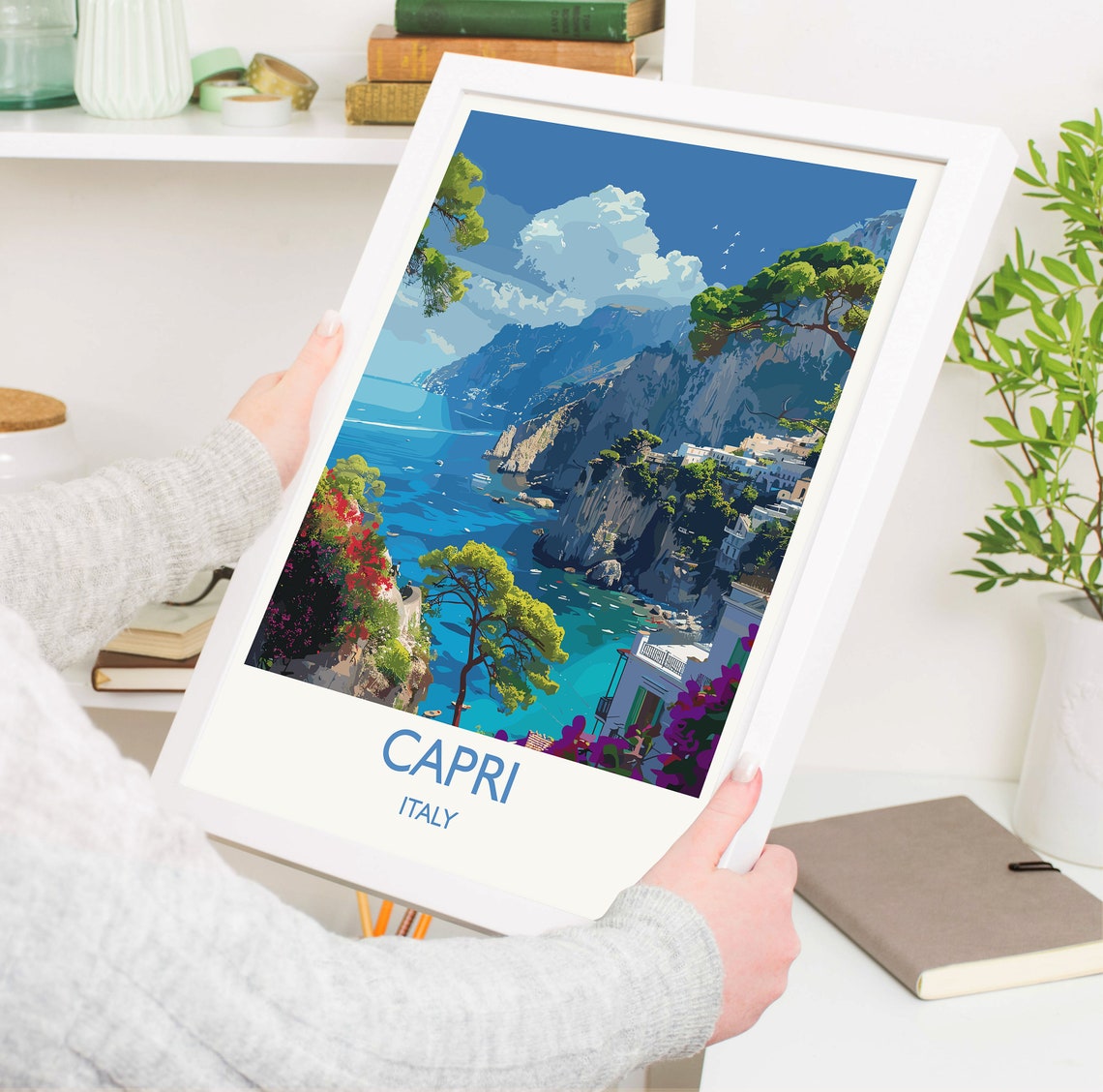 Capri Italy Blue Cliffs Seaside Town Bougainvillea Banner Poster - Image 3