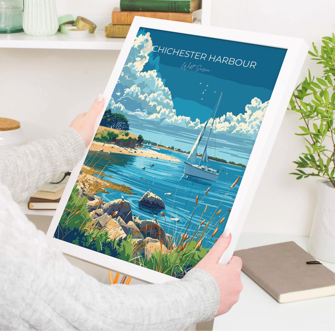 Chichester Harbour Sailboat Rocky Shore Full Bleed Travel Poster - Image 3