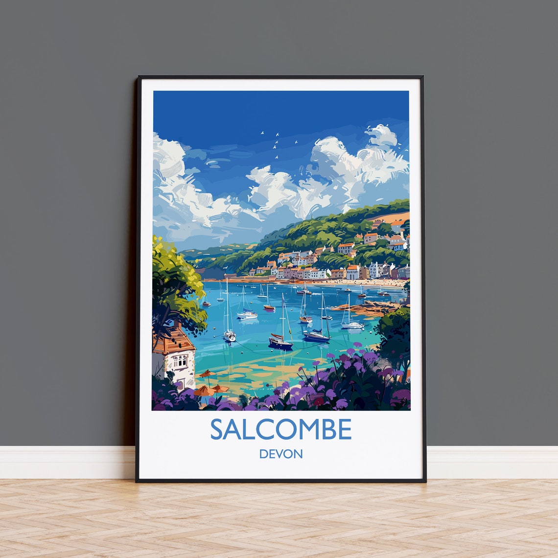 Salcombe Devon Sailing Harbor Boats Hillside Town Travel Poster