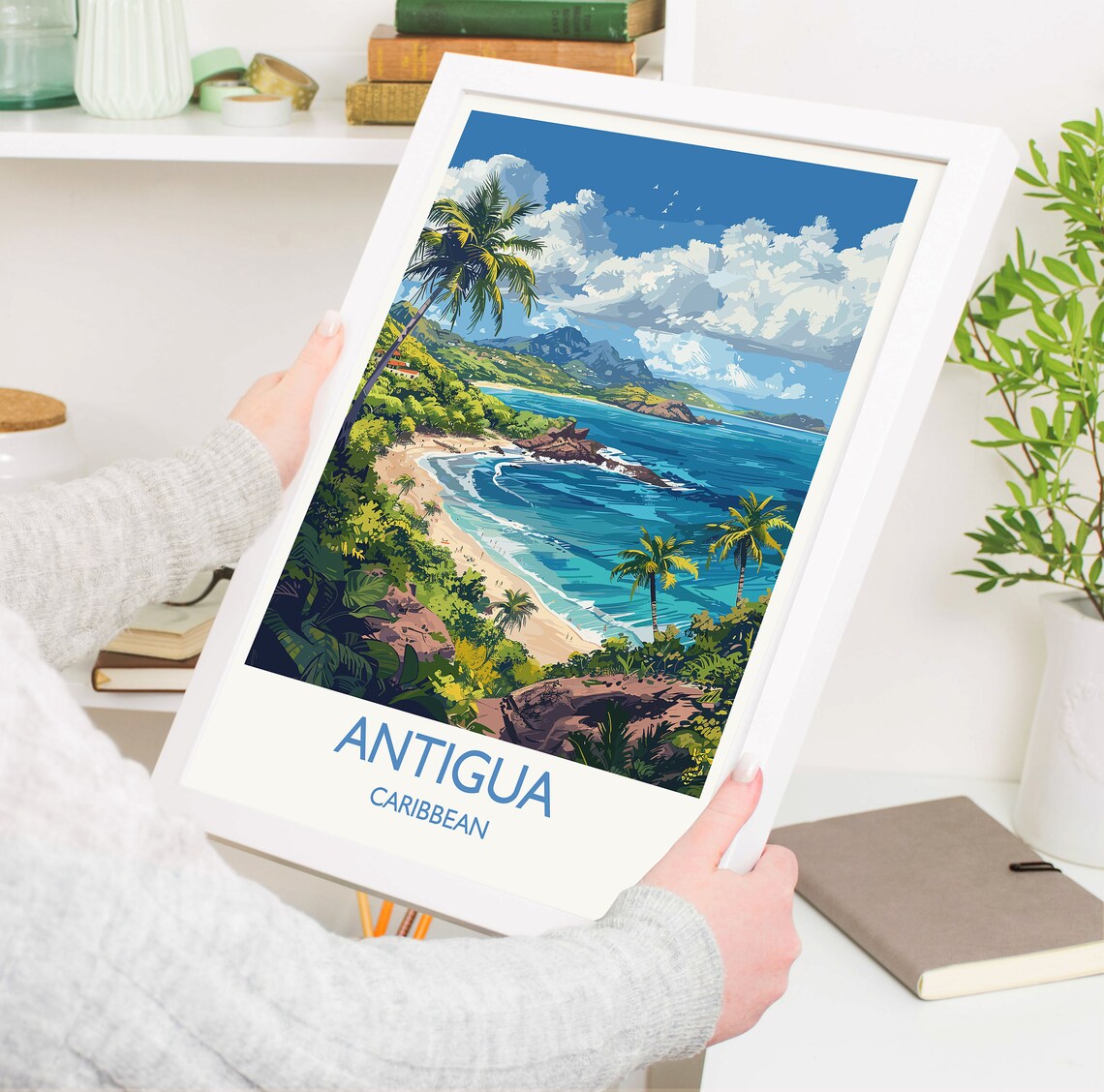 Antigua Caribbean Bay Beach Palm Trees Mountain View Travel Poster - Image 3