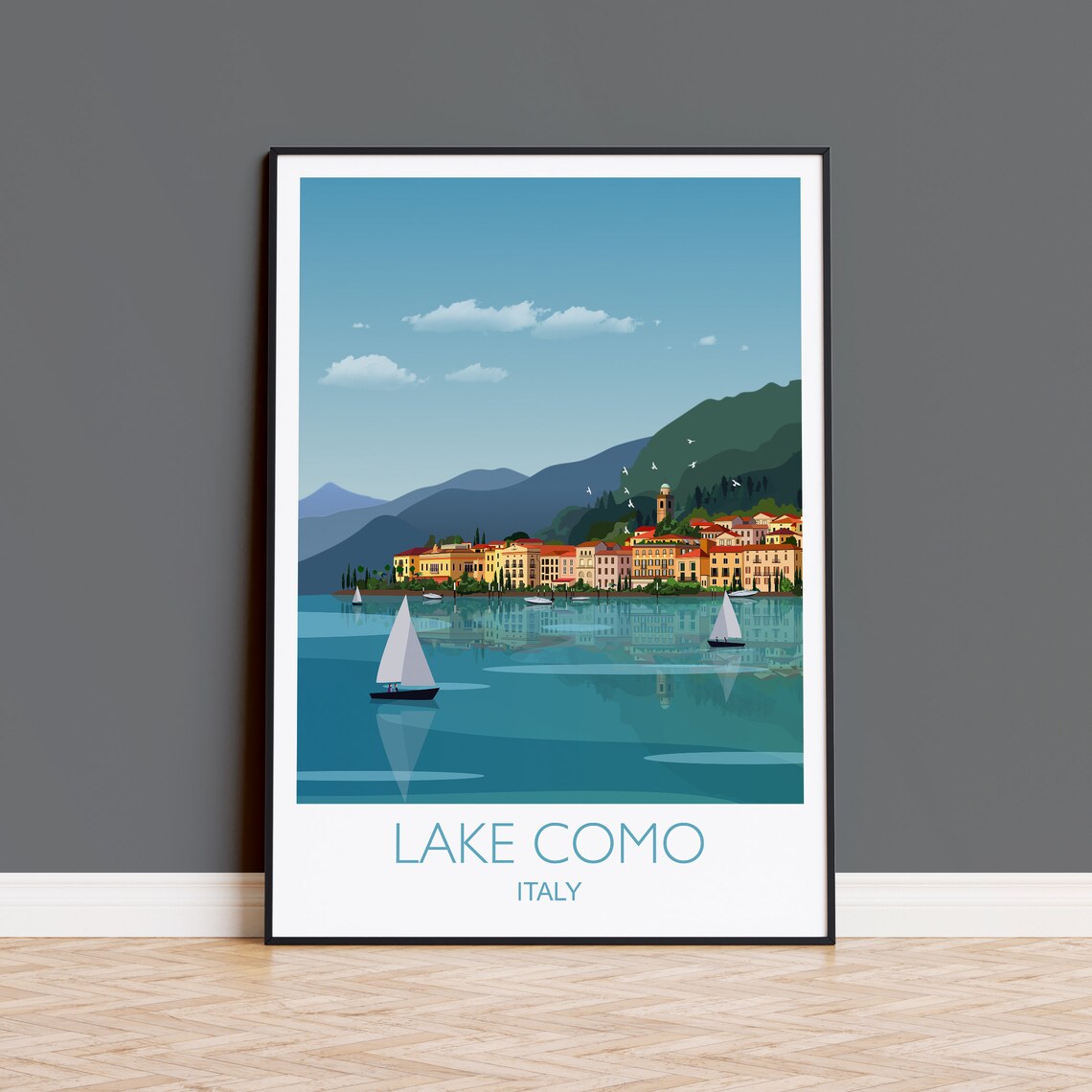 Lake Como Italy Travel Poster of Sailboats Village and Mountains