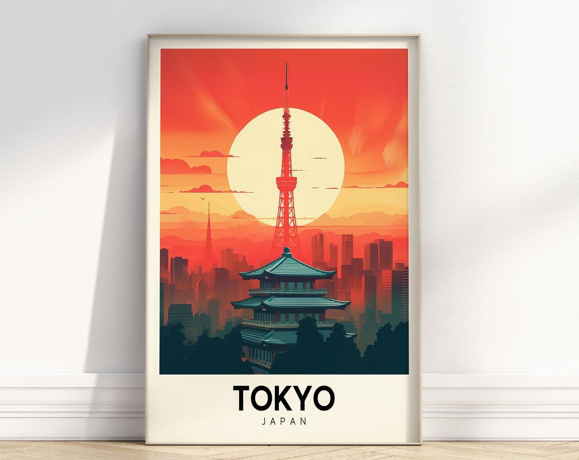Tokyo Japan Tower Pagoda Sunset Sky Retro Travel Style Poster
