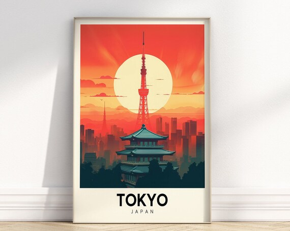 Tokyo Japan Tower Pagoda Sunset Sky Retro Travel Style Poster