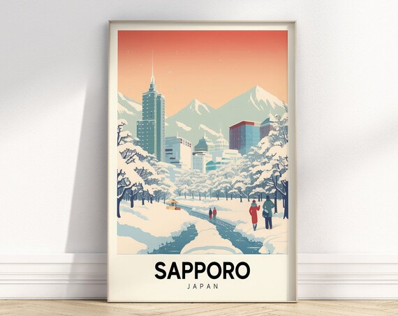 Sapporo Japan Snowy Winter City Mountains Retro Travel Style Poster