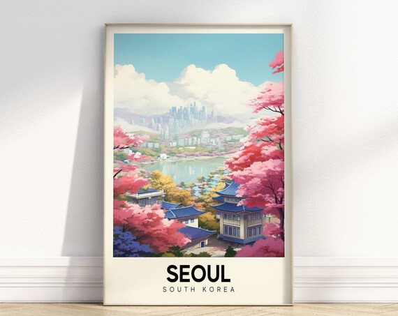 Seoul South Korea Spring Cherry Blossom Temple Lake Travel Poster