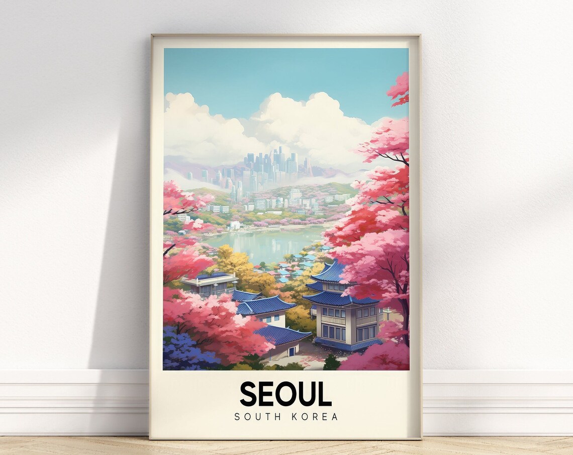 Seoul South Korea Spring Cherry Blossom Temple Lake Travel Poster