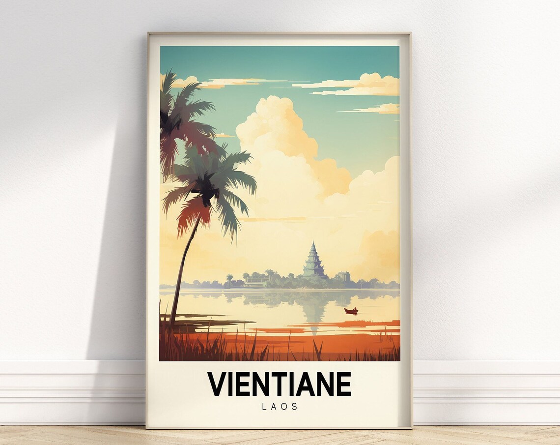 Vientiane Laos Retro River Temple Sunset Colorful Travel Poster