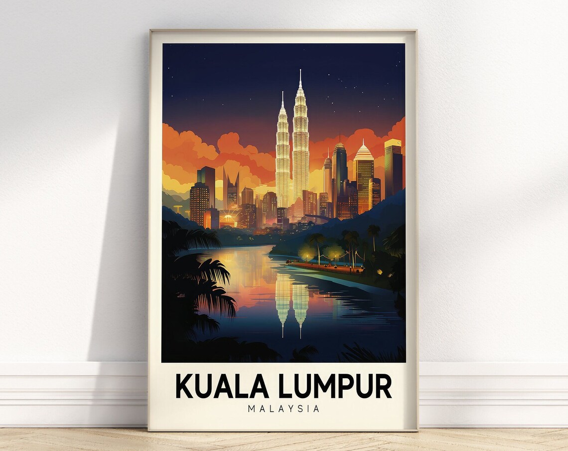 Kuala Lumpur Malaysia Night Skyline Twin Towers Travel Poster