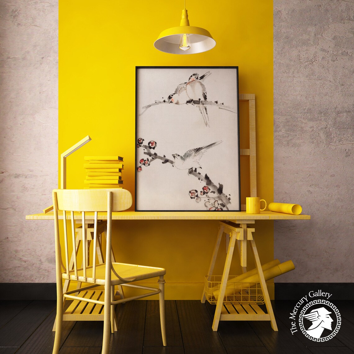 Japanese Ink Birds Perched On Blossoming Branch Delicate Watercolor Print - Image 5