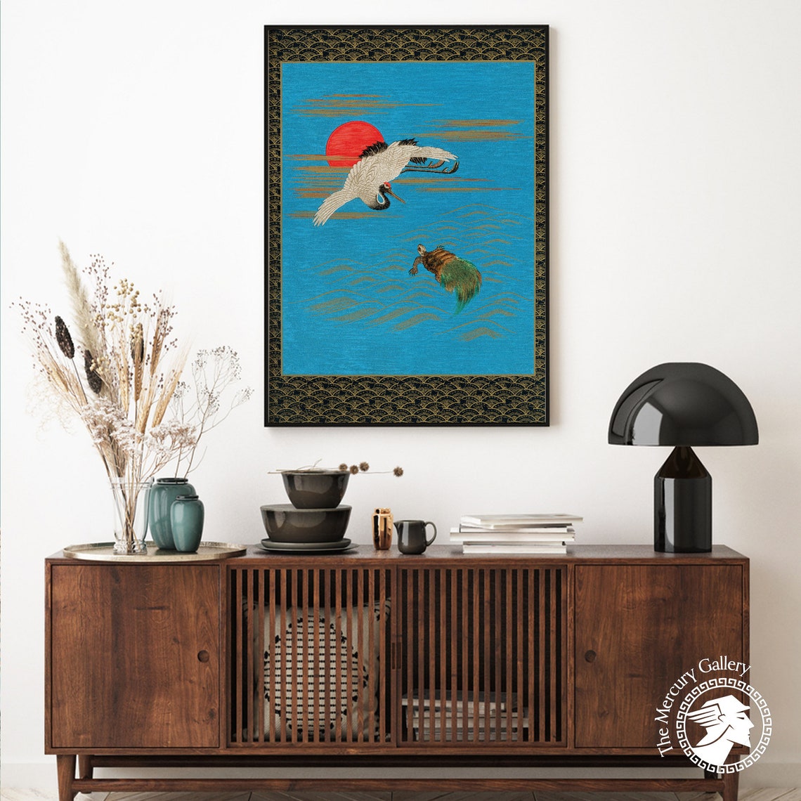 White Crane Turtle Sea Red Sun Japanese Maximalist Crane Art Print - Image 6