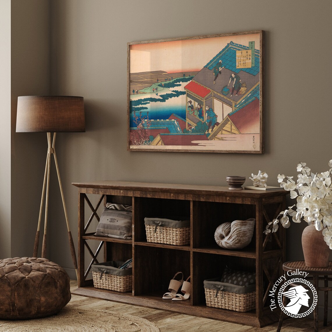 Hokusai Poem by Sangi Hitoshi Rooftops Sunset Rice Paddies Ukiyo E Poster - Image 3