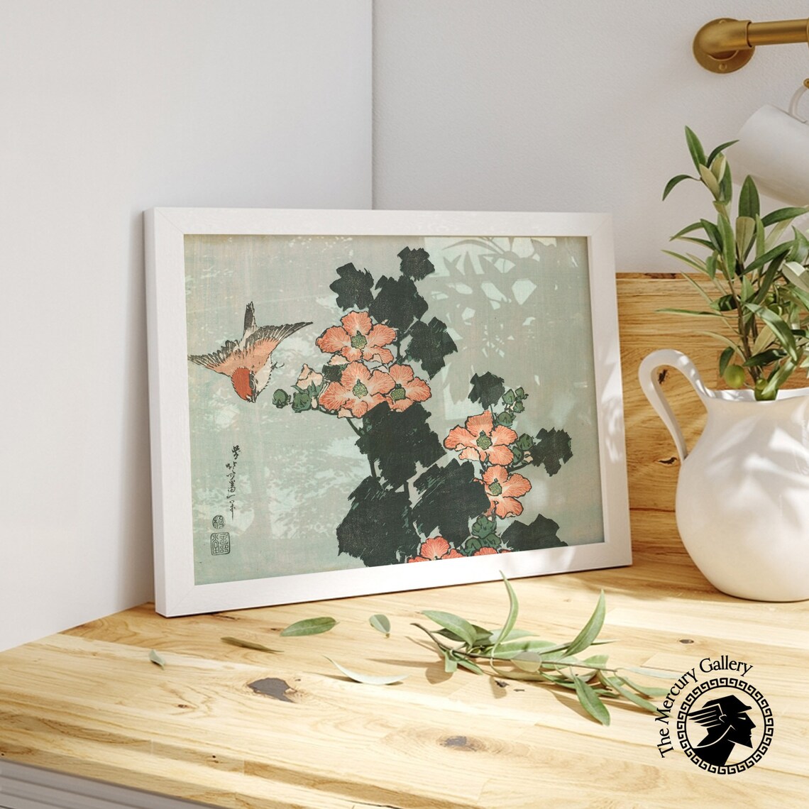 Bird Among Coral Blossoms With Dark Foliage Vintage Japanese Bird Art Poster - Image 5