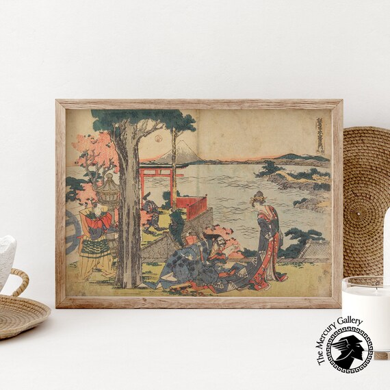 Hokusai Hakone Lake Sunset Figures Mount Fuji View Ukiyo E Art Poster