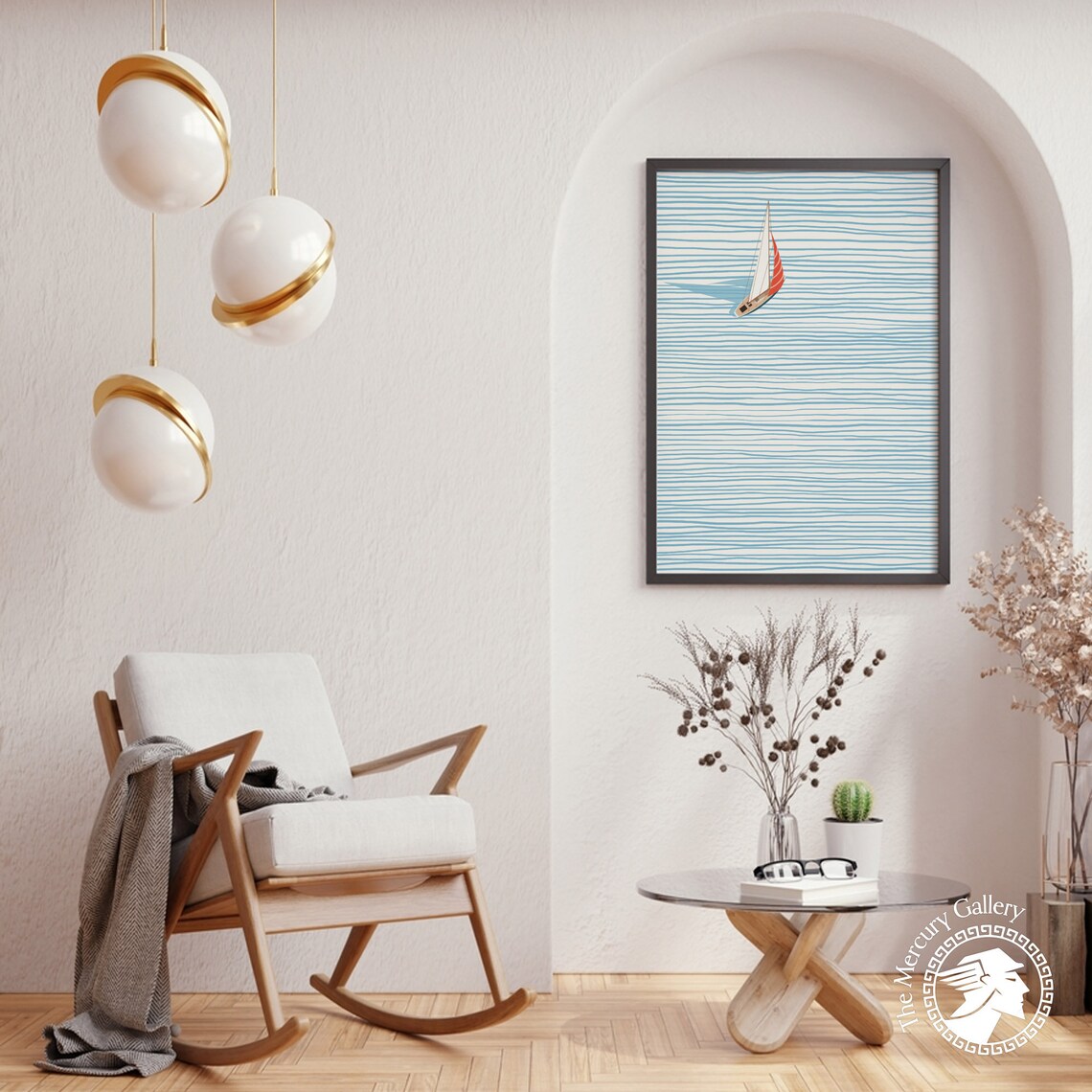 Aerial Sailboat On Striped Blue Sea Minimalist Modern Ocean Art Poster - Image 2