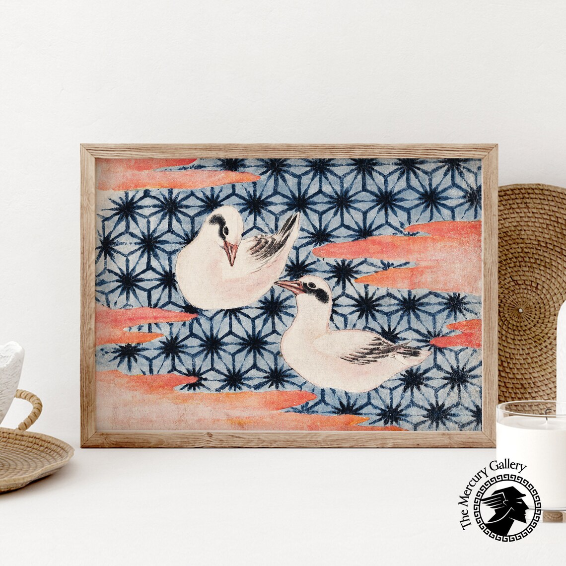 Two White Birds Patterned Sky Vintage Japanese Woodblock Bird Art Poster - Image 6