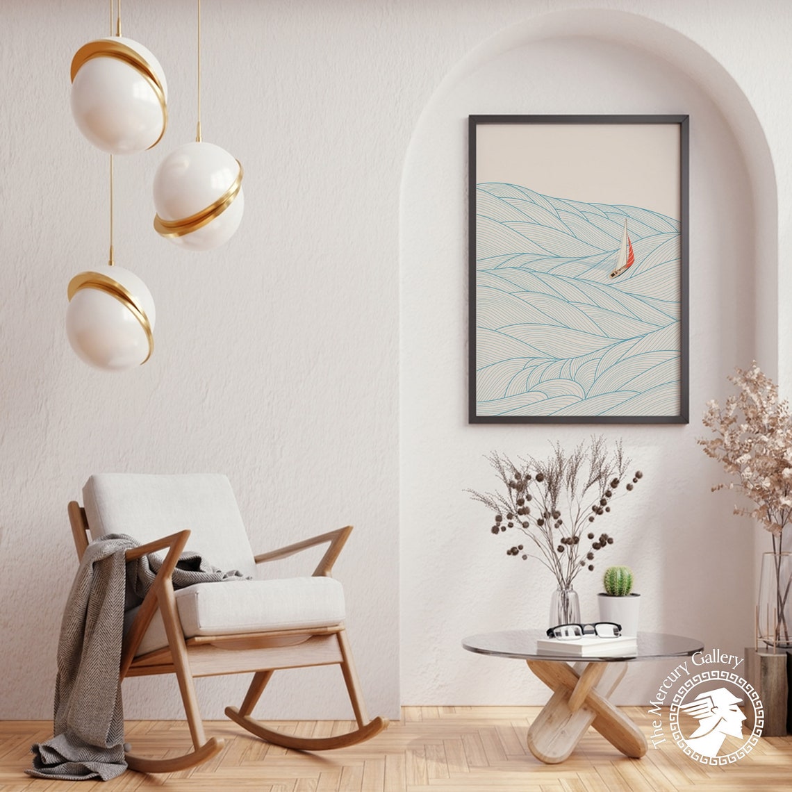 Minimalist Sailboat Red Sail Blue Line Waves Modern Ocean Art Poster - Image 6